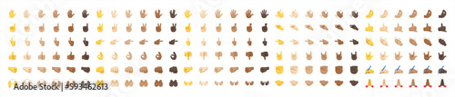 All hand emojis, stickers in all skin colors. Hand emoticons vector illustration symbols set, collection. Hands, handshakes, muscle, finger, fist, direction, like, unlike, fingers. Vector. photo