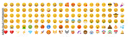 Funny cartoon yellow emoji and emotions icon collection. Mood and facial emotion icons. Crying, smile, laughing, joyful, sad, angry and happy faces, emoticons vector set 10 eps.