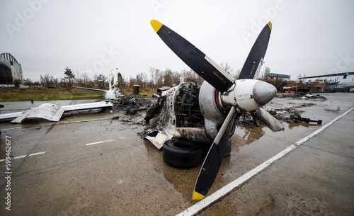 Debris of ukrainian airplanes destroyed at Hostomel airfield photo