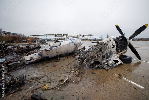 Debris of ukrainian airplanes destroyed at Hostomel airfield