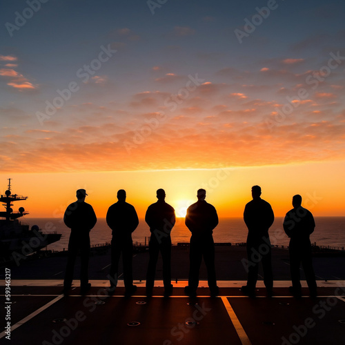 5 Navy service men standing on the edge of the aircraft carrier USS Enterprise (CV-6) at dawn in silhouette looking out at the vast expanse of the ocean with a sky filled with hues of orange and pink. photo