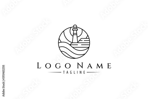 Lighthouse logo with waves in circle frame in linear design style