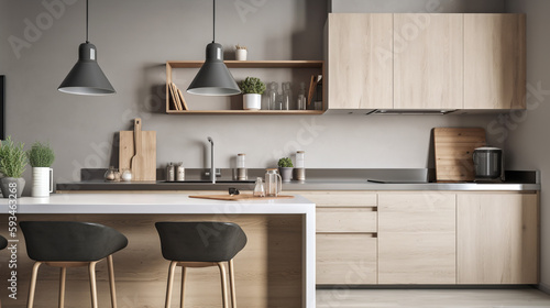 Tableau sur toile Simple minimalist modern kitchen cozy comfortable and elegant for house and apartment, cabinet, kitchen sink, and some kitchen appliances, dinning room, good interior
