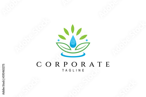Water drop logo with natural leaves suitable for health, nature conservation and natural drink