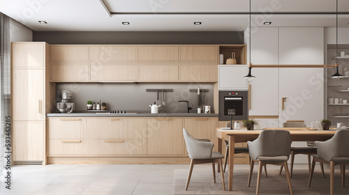 Simple minimalist modern kitchen cozy comfortable and elegant for house and apartment, cabinet, kitchen sink, and some kitchen appliances, dinning room, good interior.
