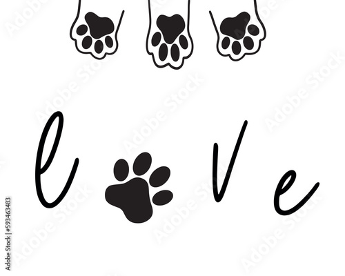 The inscription love and the paw print of the animal in the heart. Love concept. Vector illustration isolated on white background.