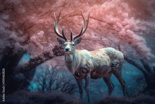 magestic white stag, standing amongst tress full of cherry blossom. generative AI photo