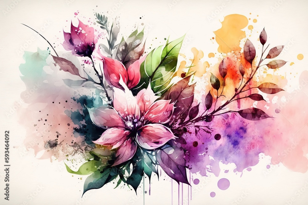 Watercolor floral background with flowers and leaves
