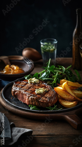 Grilled Beef steak with fried potatoes - Generative AI