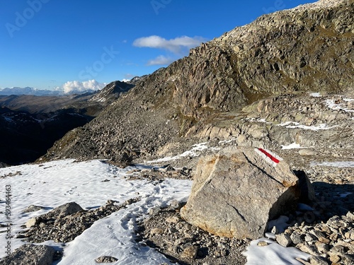 Fresh tracks on the season's first early autumn snow above the road pass Fluela (Flüelapass) and in the Swiss Albula Alps mountain massif, Zernez - Canton of Grisons, Switzerland (Kanton Graubünden)
