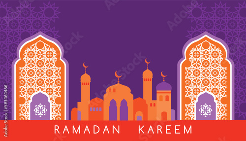 Happy Ramadan Kareem Islamic template design with Crescent, mosque, minaret, Ramadan traditions Islamic Holy Month Vector vintage art illustration	
