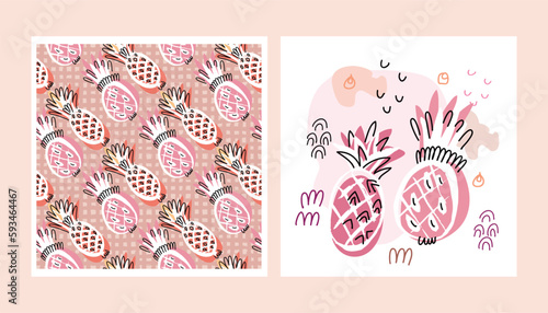 Pineapple wall art , card, poster  and seamless pattern for interior design, wall art, cover, textile, baby shover Vector hand drawn illustration