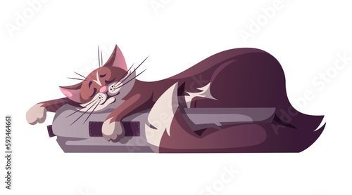 Cute cat sleeping on the cat bed. Isolated Vector illustration for card, postcard, cover.