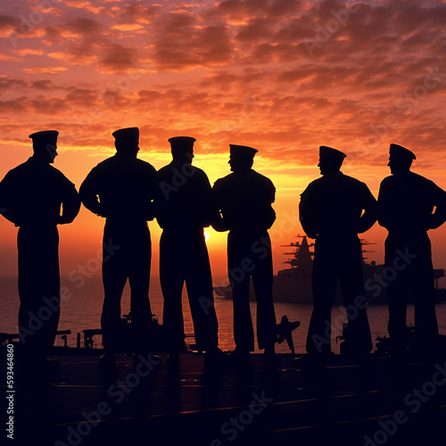 5 Navy service men standing on the edge of the aircraft carrier USS Enterprise (CV-6) at dawn in silhouette looking out at the vast expanse of the ocean with a sky filled with hues of orange and pink. photo