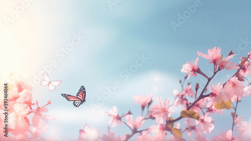 Spring banner branches of blossoming cherry agains with butterfly with Generative AI Technology