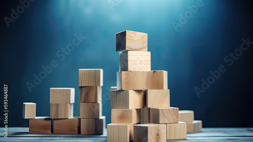 Stacked wooden blocks on wooden desk against blue background with Generative AI Technology