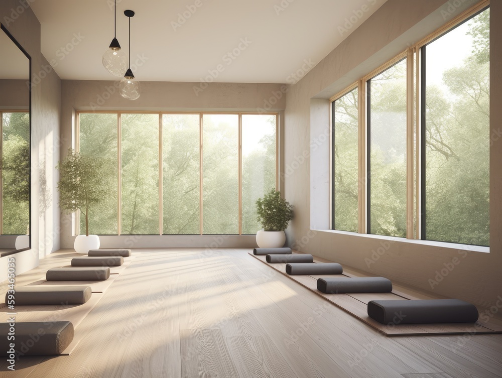 Clean and Calm Yoga Studio with Beautiful Nature View Interior Design AI  generated Stock Illustration