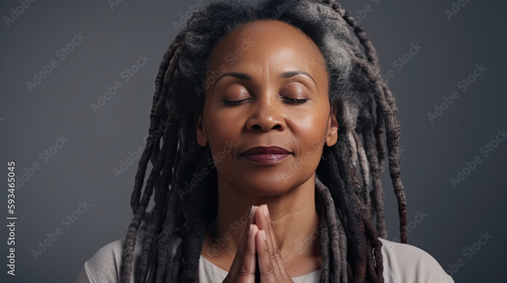 elderly black model with braids and closed eyes in deep prayer elderly black model with braids and closed eyes in deep prayer