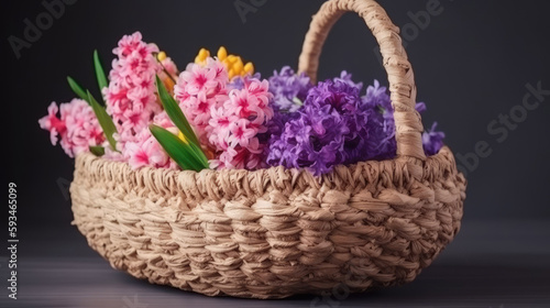 Beautiful straw bag with seasonal colorful flowers with Generative AI Technology
