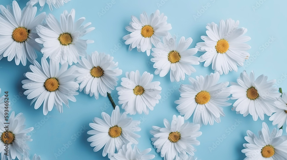 Fresh white daisies on light pastel blue background with Generative AI Technology