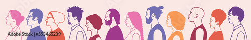 Silhouette profile group of men women and girl of diverse culture.
