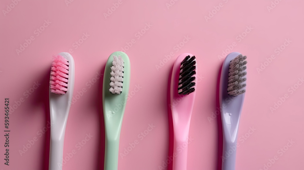 Pink green white and gray toothbrushes on pastel background with Generative AI Technology Pink green white and gray toothbrushes on pastel background with Generative AI Technology