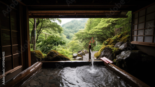 Open air hot spring onsen with waterfall and green nature with Generative AI Technology photo