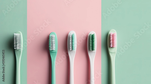 Pink green and white toothbrushes on pastel background with Generative AI Technology