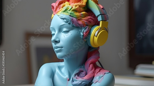 Plaster bust of a girl in headphones with a colorful pride face with Generative AI Technology