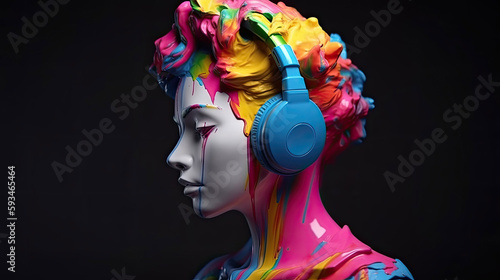 Plaster bust of a girl in headphones with a colorful pride face with Generative AI Technology