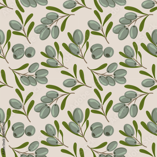 Seamless vector pattern with ink hand drawn olive tree twigs. Vintage olive background
