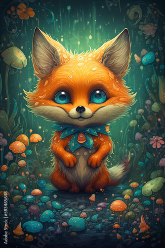 Enchanting Adventures of a Little Fox in a Magical Realm  A Comic-Style Digital Painting with Vivid Contrasting Colors