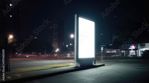 Blank vertical street billboard stand with city background. Urban advertising. Generative AI