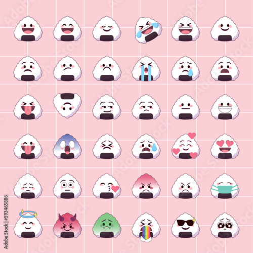 Kawaii onigiri rice ball emoji faces with cute expressions for social media