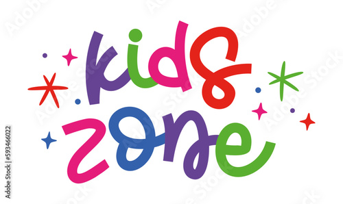 Kids zone. Banner for childrens playroom decoration. Kids zone vector cartoon logo badges. Game room signboard. Child playing zone vector illustration. Playroom area. Baby and kids zone game text.