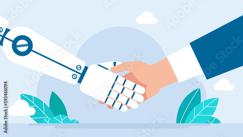 Robot and man. Businessman and robot handshake. Business human and robot hands shake. Artificial intelligence handshake concept. Concept future business technology. Flat design. Vector illustration