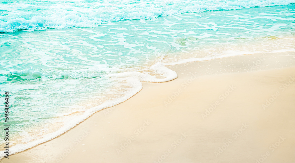 Beach Sand Sea Summer Background,White Foam Wave Water with Blue Ocean Horizon at Coast,Calm Seaside on Sandy Tropical Island Nature,Tourism Vacation Relax Travel Holidays,Beauty Paradise Landscape.