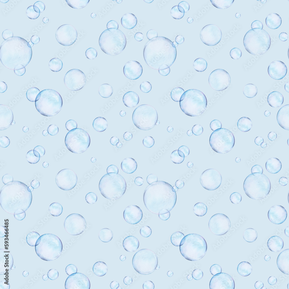 Watercolor drawn rapport of different size air bubbles on blue background. Transparent realistic picture for illustration, stickers, logo, textile printing