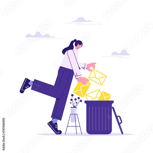 Woman deleting data and move unnecessary files to trash bin. Cleaning digital memory, cleaning e-mail, remove spam. Girl holding envelope with letter or message. User deleting email to waste bin