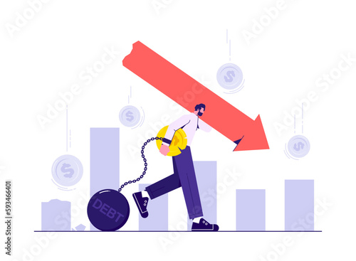 Financial crisis, business failure, economy crash, bankruptcy unpaid loan debt. Down arrow pressure on shareholder, man resist losing profits, business bankruptcy and default vector concept