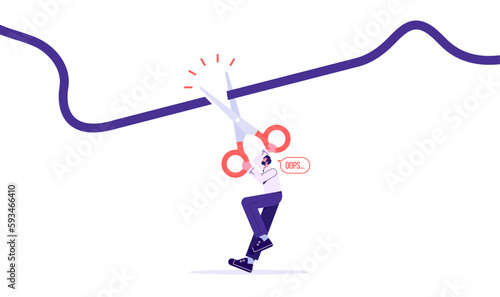 Man hold scissors cutting electric wire. Electricity plug and socket disabled. 404 Error, page not found. Connection error. Vector illustration in flat design