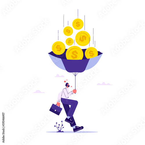 Smart idea, businessman turns the umbrella back and fills it with falling money, the perfect solution, earn from flip crisis into opportunity concept