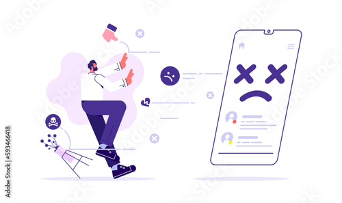 Cyberbullying, online flooding, social network harassment concept. Cyber bullying vector illustration. Humiliation, aggressive verbal assault and evil society victim on social media