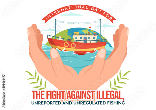 International Day for the Fight Against Illegal, Unreported and Unregulated Fishing Vector Illustration with Rod Fish in Flat Hand Drawn Templates