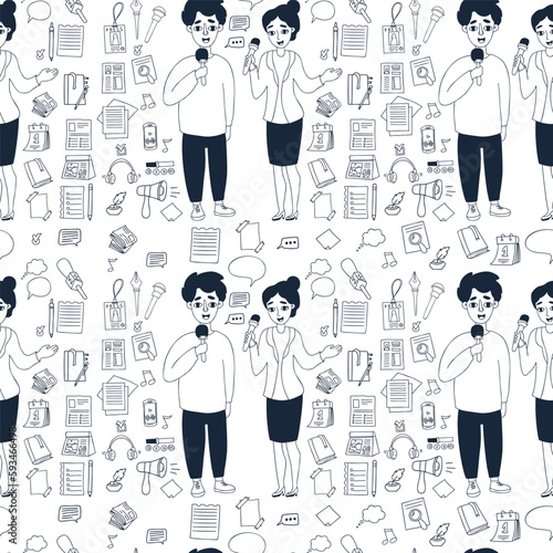 Seamless pattern with journalism profession. Man journalist and woman reporter with microphone on white background. Vector illustration with doodle style for design, decor, packaging, wallpaper.