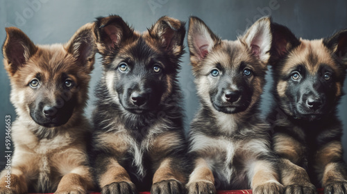 Four german shepherd puppies sitting in row. Generative AI. High quality illustration