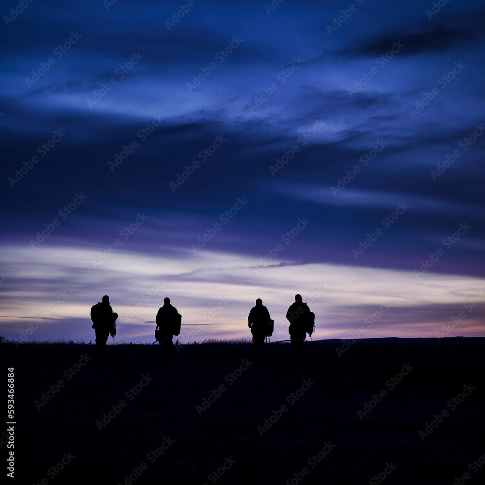 Soldiers walking at dusk silhouette, their forms fading into the darkening blues and purples of the sky. The peaceful serenity of the evening is juxtaposed with the gravity of their situation.