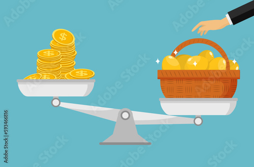 hand choosing a basket of golden eggs on a balance scale rather than money