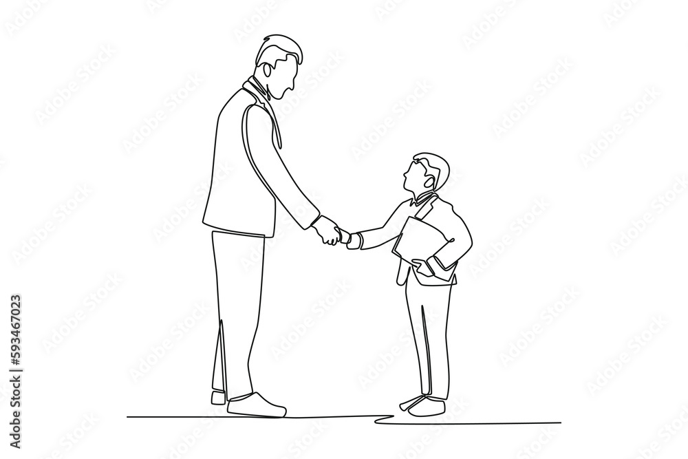 Continuous one line drawing happy boy doing negotiation with client. Kids business activities concept. Single line draw design vector graphic illustration.