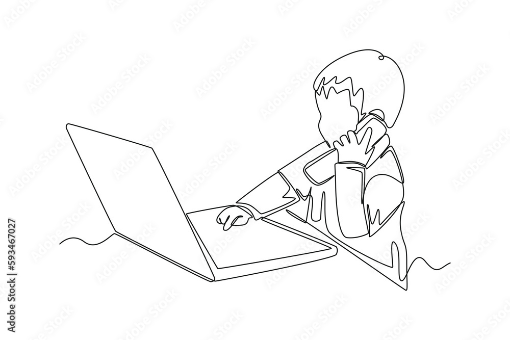 Continuous one line drawing happy boy is calling with client. Kids business activities concept. Single line draw design vector graphic illustration. Continuous one line drawing happy boy is calling with client. Kids business activities concept. Single line draw design vector graphic illustration.
